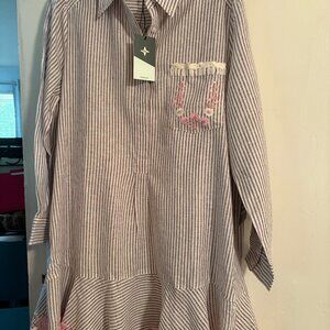 Tuckernuck Shirt Dress, Size XL, Tan stripes with pink embroidered flowers